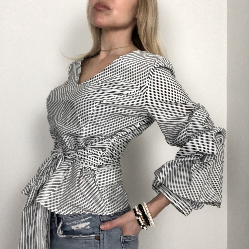 White/Black Stripe Puffed Sleeves V Neck Blouse